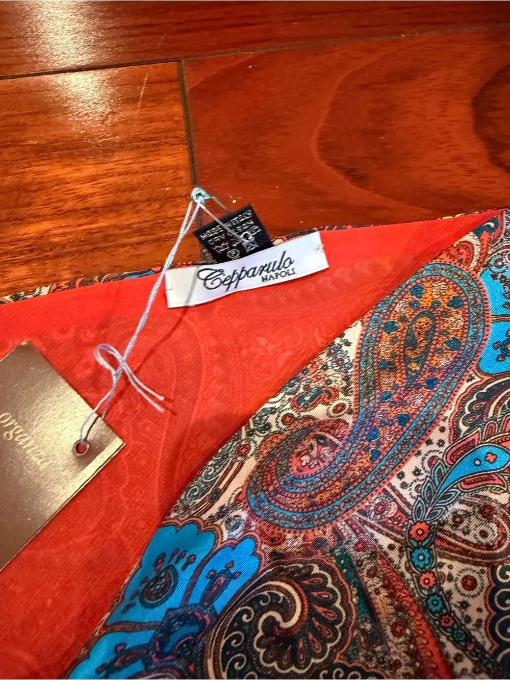 Red Paisley Handkerchief Scarf with Blue Paisley Accent and Beaded Detail